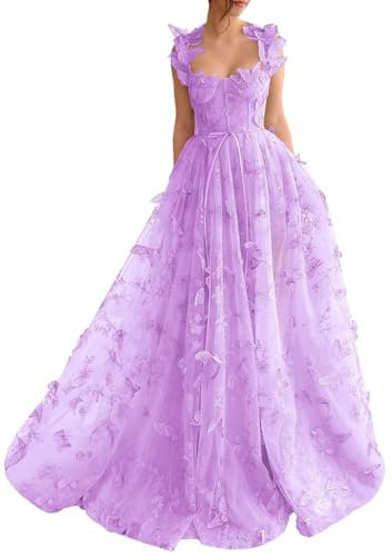 YUAOHUANG Vestido largo de tul con corsé para mujer, vestido de baile de graduación, vestido de baile de hadas con apliques de encaje, vestido de mariposa, Lila, 8