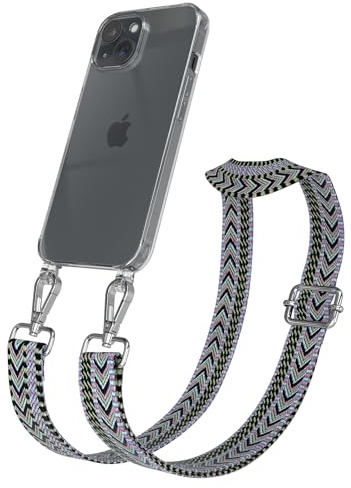 EAZY CASE Handykette - Verstellbares Taschenband kompatibel mit iPhone 15, Schulterriemen, Handykordel mit Silikon Hülle, Umhängetasche, Lila Grün Silber