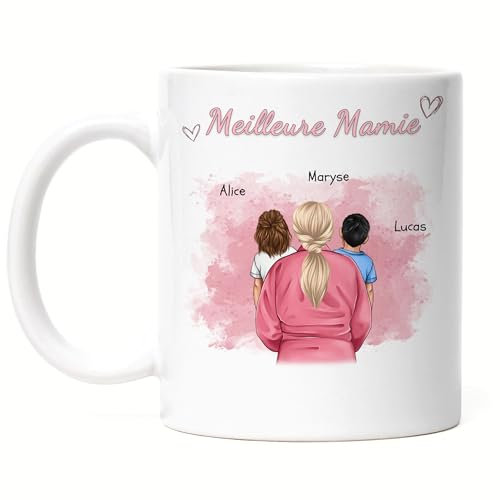 Kiddle-Design Mamie Tasse personnalisée 2 petits-enfants Fête des Mères Cadeau d'anniversaire - Cadeau Mamie avec petite-fille petit-fils - Meilleure Mamie du Monde