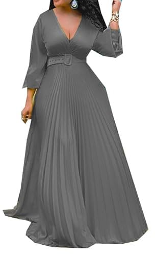 Women's Summer and Autumn Fashion High Waist Thin Solid Colour V-Neck Temperament Retro Chiffon Long-Sleeved Long Dresses Grey