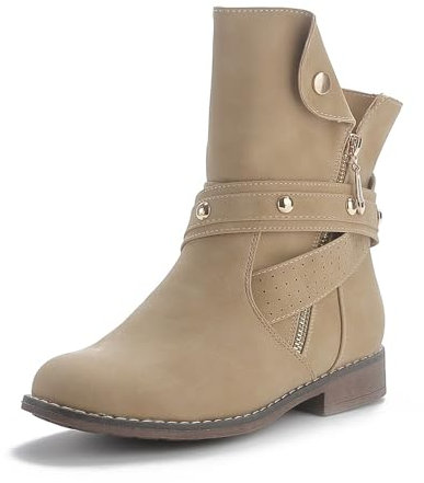 Queentina Damen Stiefeletten warm gefüttert Nieten Boots Biker Stiefel BH201 Khaki 39