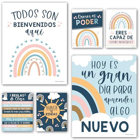 Hadley Designs 6 spanische Klassenzimmer-Dekorationen – Spanische Poster für Klassenzimmer, High-School-Dekorationen, motivierende Wandkunst für Lehrer und Schüler – Boho-Motivationsdekoration