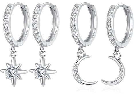 Cangall Ohrringe Silber 925 Creolen mit Anhänger, 2Paare 925 Sterling Silber Ohrringe mit Mond & Stern Hängend Set, Schlafen Knorpel Ohrringe Creolen Silber Hängend, Damen Ohrringe Silber Hängend