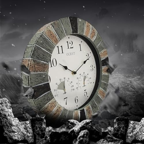 OCEST Robuste Gartenuhren für den Außenbereich, wasserdicht, 33 cm große Kunstharz-Wanduhr mit Thermometer und Hygrometer, batteriebetrieben,dekorative Uhren für Terrasse, Pool