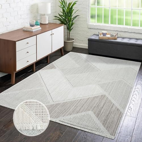 carpet city Teppich Kurzflor Wohnzimmer - Beige, Grün - 140x200 cm - Teppiche Fransen Boho-Style - Geometrisches Muster - Schlafzimmer, Esszimmer