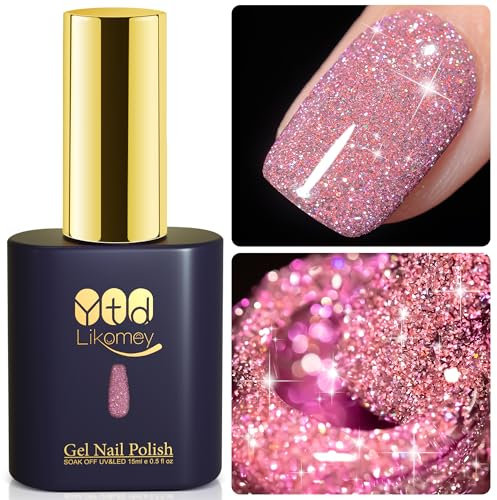 YTD Likomey UV Nagellack Glitzer,15ml Rosa Gel Nagellack Glitter,Sparkle Funkelnd Farbgel Nagellac,Reflective Holographisch Diamant Maniküre Gel Nail Polish