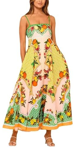 YAODAMAI Robe à Bretelles pour Femmes imprimée Fruits Robe balançoire sans Manches pour Femmes en Vacances