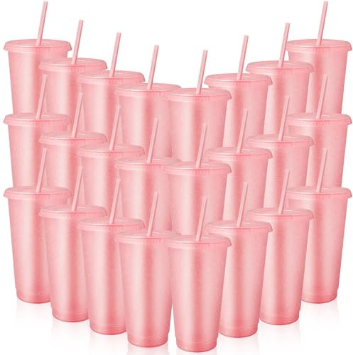 24 Pcs Reusable Cups with Lids and Straws 24 oz Glitter Iced Coffee Tumbler Plastic Travel Mug Cup for Smoothie Juices Birthday Sleepover Party Supplies (Light Pink)