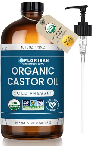 Florisan Organic Castor Oil 16oz Glass Bottle, Cold Pressed, Hexane-Free, Non-GMO, 100% Pure Castor Oil for Hair Growth, Skin, Lashes, Eyebrows, EWG Verified & USDA Organic Certified