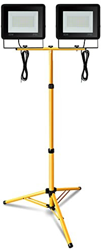 Daromigo Baustrahler LED mit Stativ, 2x50W Arbeitsstrahler 4250LM Bauscheinwerfer Warmweiß, Höhenverstellbar Stativ und 1m Kabel, IP66 Wasserdicht Baulampe Schuppen (kein Stecker)