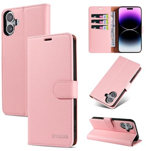 STAWLKA Case for iPhone 16, Premium PU Leather Flip Magnetic Buckle Wallet Case Kickstand Blocking RFID Shockproof Protective Phone Cover for iPhone 16 - Pink