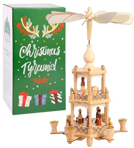 YeloZen Christmas Pyramids with 6 Candler Holders-17 Inches-3 Tiers Carousel-Wood Nativity Scene Set