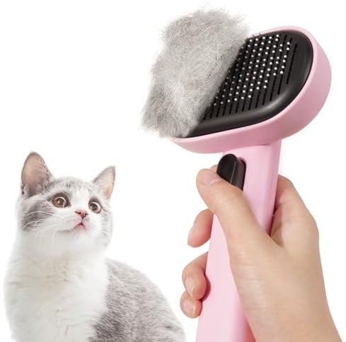 aumuca Cat Brush with Release Button, Cat Grooming Brush for Long or Short Haired Cats, Removing Loose Fur and Massage, Pink