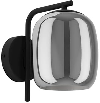Eglo Applique murale Ciampino, verre fumé, lampe métal noir et gris | douille E27, pour chambre