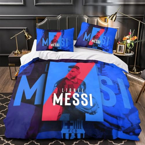 ZZBNECAKE Messi Bettbezug Set Mädchen Junge Kinder 3D Gedruckter Fußball Bettwäschegarnitur Reissverschluss Bettwäsche Weich Microfaser Und Kissenbezüge 3 Teilig Double（200x200cm）