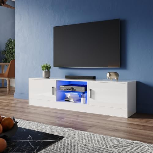 ZANOFIRA LED TV Unit Stand with RGB LED Lighted, High Gloss TV Stand with 2 Side Cabinet, Modern TV Unit with Open Shelf Storage for Living Room, 1500x350x400mm, White