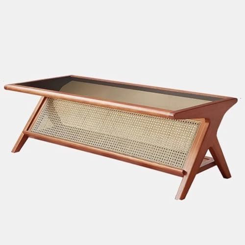Französischer Vintage-Couchtisch aus Massivholz mit Glasplatte, handgefertigter Rattan-Wohnzimmer-Tisch mit Stauraum, rechteckiges Design, großes Fassungsvermögen, Kirsch-Finish, 120 cm