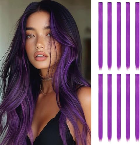 10 Stück Haarsträhnen zum Einklipsen | 55 cm Farbige Clip in Extensions | Langes glattes Bunte Haarsträhnen Kinder | Haarschmuck Mädchen (Lila)