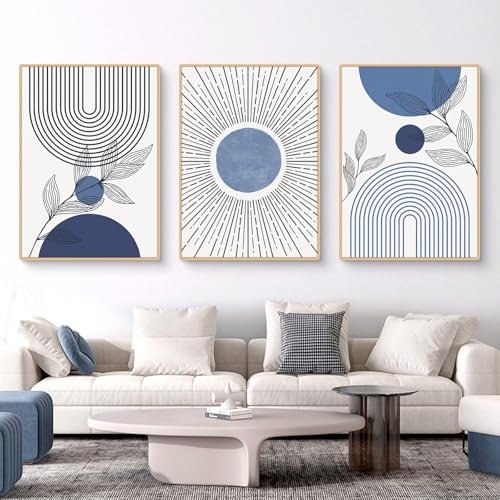 Uixxducc 3-teiliges Bohemian Poster Set Aesthetic Blau Pflanze Bilder Set Boho Wandbilder Wohnzimmer Schlafzimmer Deko, ohne Rahmen (50x70cm,C)