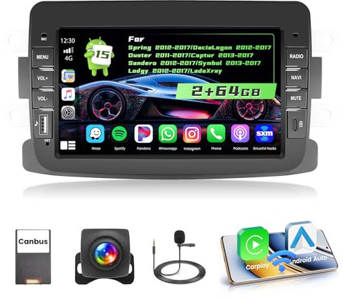 Hikity 2G+64G Android 15 Autoradio für Renault Spring, Dacia Logon, Duster, Captur, Sandero, Symbol, Lodgy, Lada Xray mit Carplay Android Auto Wireless, 9 Touchscreen Navi GPS WiFi BT RDS/FM+CAM+MIC
