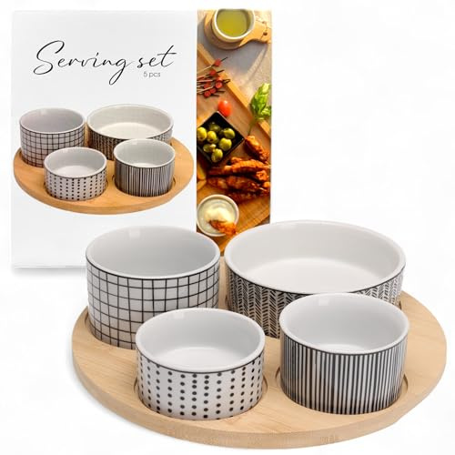 MIJOMA Servierset 5-teilig – Schalen aus Porzellan mit Bambus-Tablett, stilvolles Dip-Schälchen Set, Snackschalen modern gemustert, ideal für Antipasti & Dips