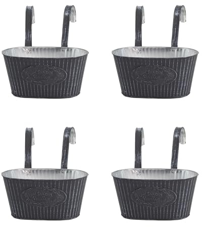 DARO DEKO Metall Hängetopf grau mit 2 Henkel 25 x 13cm - 4 Stück Blumentopf hängend Balkon Pflanz-Schale