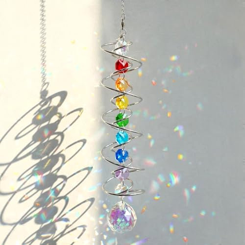 45cm Kristall Sonnenfänger Windspiel - Bunter Regenbogen Sonnenfänger mit Doppelspirale & Chakra Perlen - Dekorativer Hängender Suncatcher für Fenster,Garten,Balkon,Hochzeit - Innen & Außen Deko (A)