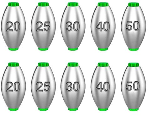 Gemischte Angelgewichte, 5 Größen (20-50g) x2 Jede kleine Karpfen Sinker Metall Tackle für Fluss, Meer, Salzwasser & Süßwasser Angeln, elliptische Gewichte