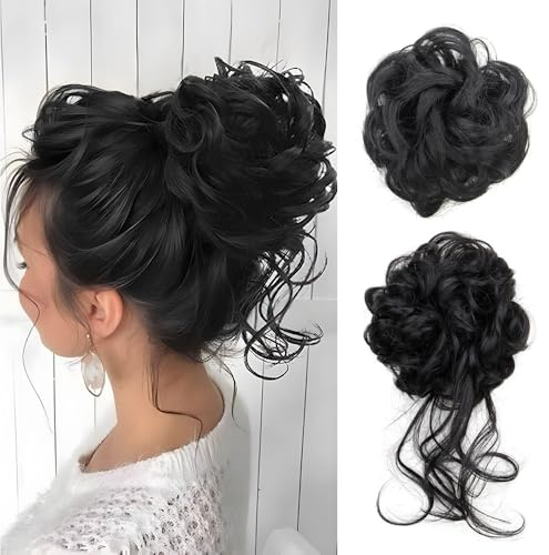 XFSRG 2 Stück Haarteil Mit Gummiband Dutt Haarteil Gelockt Haargummi Hair Ribbon Ponytail Extensions Haarverlängerung Messy Bun Haarteile für Damen Mädchen Pferdeschwanz (Schwarz)