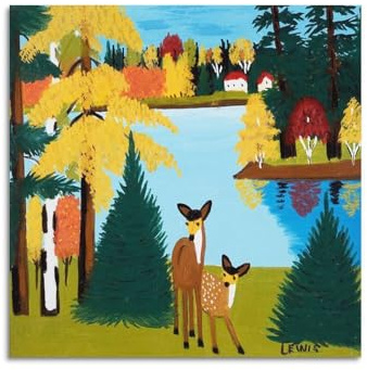 YMXSDIMDS Maud Lewis Gemälde Poster mit Hirsch von Maud Lewis, Heimdekoration, Wandkunst, zum Aufhängen, Bild, Druck, Schlafzimmer, dekorativ, ästhetisch, 40 x 40 cm