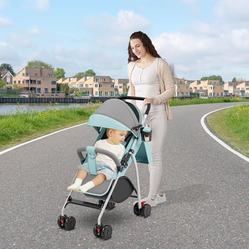 Kompakter Kinderwagen, 6 Monate + faltbar, mit Aufbewahrungskorb, Rückenlehne, neigbar, 5-Punkt-Gurt, Kinderwagen kompakt & leicht, Reise-Zubehör, für Neugeborene, Kinder, Babystroller, Blau