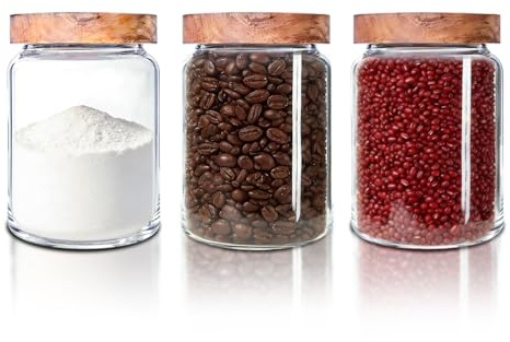 3 pcs Glass Food Storage Jars with Lids Airtight, for Sweet Jar Beans Jar | Round Clear Glass Food Storage Container for Kitchen, Borosilicate Glass, Wood Lid, Stackable, 350ml SET of 3