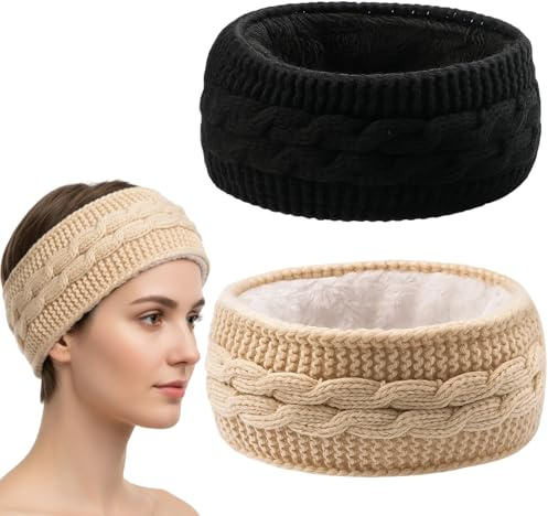 Winter Headbands for Women, 2 Pack Fleece Ear Warmers Headband, Soft Warm Hairbands for Women, Black and Khaki, Fashionable Winter Accessories for Outdoor Activities