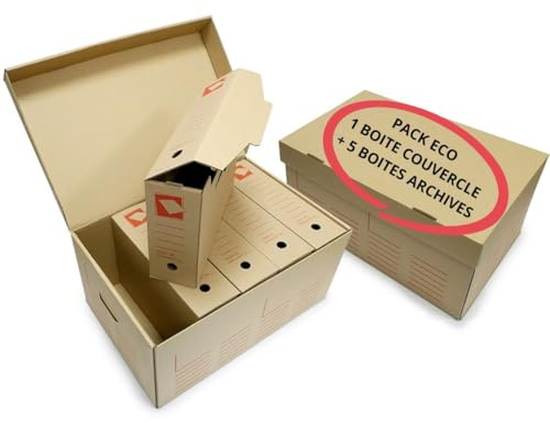 Générique Lot de 5 Boîtes d’Archives + 1 Grande Boîte Rangement et Classement | Carton Recyclé Poignées + Couvercle Amovible | Format 52x35x25 cm – Boîtes Dos 10 cm | Écologique, Résistant, Empilable