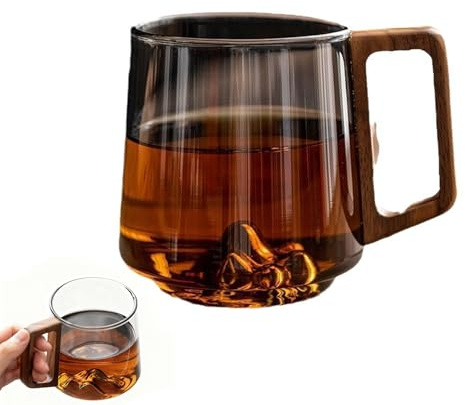Smokey Gray Glass Slanted Coffee Cups with Wooden Handle, Retro Glass Cup, Creative Wonder Mountain Bottom Cup for Hot & Cold Drinks, Tea Glass Mug for Coffee & Tea Lovers (Smoky Gray)