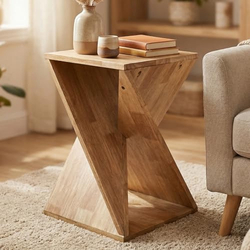 Cagnolier Beistelltisch im Twist Design, Kautschukholz, 40x40x61cm | Offene Ablage für Bücher und Fernbedienung; kompakter Sofatisch für kleine Wohnzimmer, neben Sessel oder Bett