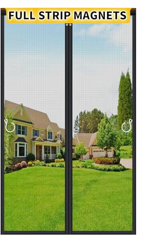 Magnetic Fly Screens for Doors, 90x200cm Black, Full-Length Magnets NO Gap | Fiberglass Mesh Screen Curtain, Auto Closes Hands-Free, No Drill Installation, For Patio Exterior Doors, Stronger Adhesive