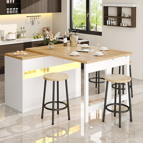 Ligterra Mesa de bar extensible, mesa de bar con espacio de almacenamiento, isla de cocina, giratoria a 360°, con iluminación LED, para salón, comedor, 120-180 x 40 x 75,8 cm (blanco)