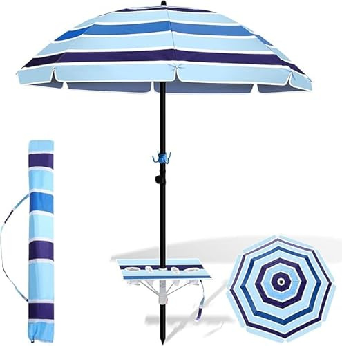 ISOISL Ombrellone da spiaggia, Ø 213 cm, UV50 +, coefficiente di protezione solare, con tavolo e gancio e borsa per il trasporto, angolo di inclinazione e altezza regolabili, antivento, durevole, non