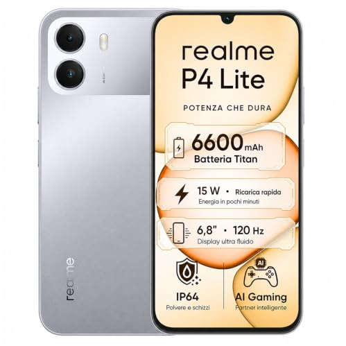 realme P4 Lite Smartphone, 4+64 GB, Batería Titan 6600mAh, Pantalla 6.8 120Hz, hasta 12GB RAM Dinámica, Protección ArmorShell, Gran Batería Carga Rápida Móvil, Gris