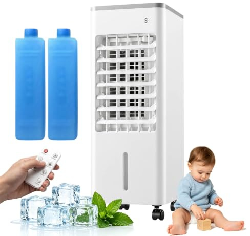 Rafraîchisseur d'Air Évaporatif 4 en 1, Ventilateur Refroidisseur Silencieux avec Humidificateur & Purificateur, Réservoir 6 L, 3 Vitesses, 3 Modes, Oscillation 120°, Télécommande, Minuterie 7.5h