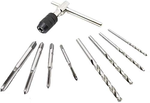 MEETOZ M3-M6 Adjustable T-handle Tap Wrench + 4 pcs M3 M4 M5 M6 Machine Screw Metric Thread Plug Taps Set + 4 pcs Drill Bits Set