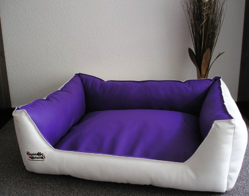 Hundebettenmanufaktur Hundebett Hundesofa Schlafplatz Kunstleder Acceso Farbe und Größe wählbar von XS bis XXL (80 cm X 60 cm, Weiss lila)