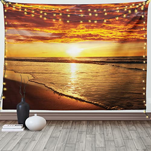 ABAKUHAUS hawaiisch Wandteppich, Strand Sunset Coast aus Weiches Mikrofaser Stoff Waschbar ohne Verblassen Digitaldruck, 150 x 110 cm, Dunkelorange Orange Gelb