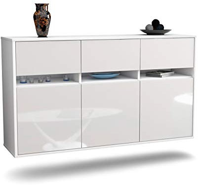 Dekati Sideboard Joliet hängend (136x77x35cm) Korpus Weiss matt - Front Hochglanz Weiß - Push to Open - Leichtlaufschienen