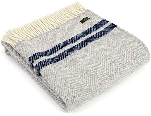 Tweedmill Textiles Fishbone KNEE RUG Throw Blanket -100% Pure New Wool - BRITISH MADE - Silver Grey 2 Navy Blue Stripes