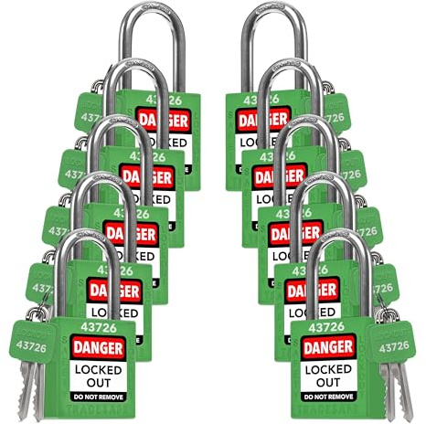 TRADESAFE Lockout Tagout-Schlösser-Set – 10 grüne Vorhängeschlösser, gleichschließend, 2 Schlüssel pro Schloss, OSHA-konforme Loto-Schlösser für Lock-Out-Tag-Out-Stationen, Premium-Qualität