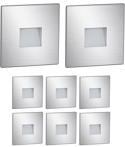 ledscom.de 8 Stück LED Treppenlicht/Wandeinbauleuchte FOW für innen und außen, Downlight, eckig, edelstahl, 85 x 85mm, warmweiß