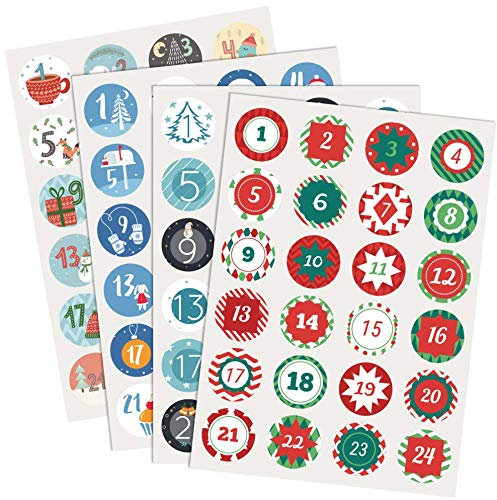 Naler 4 x 24 Adventskalender Zahlen Aufkleber von 1-24 Sticker Rund für Weihnachten zum Basteln und Verzieren, 4 cm