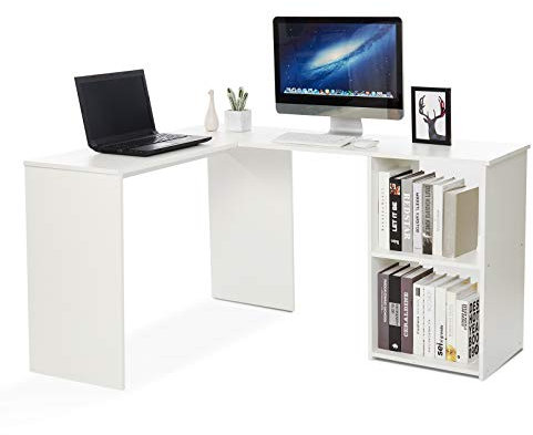 Mondeer Eckschreibtisch, Computertisch L-Förmig Schreibtisch mit 2 Ablagen Großer fürs Arbeitszimmer Wohnzimmer Büro 108×135×73,5 cm (Weiß)